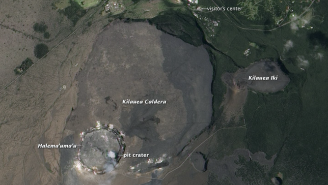 Satellite imagery of the Kilauea Caldera and the Halema’uma’u Crater within.